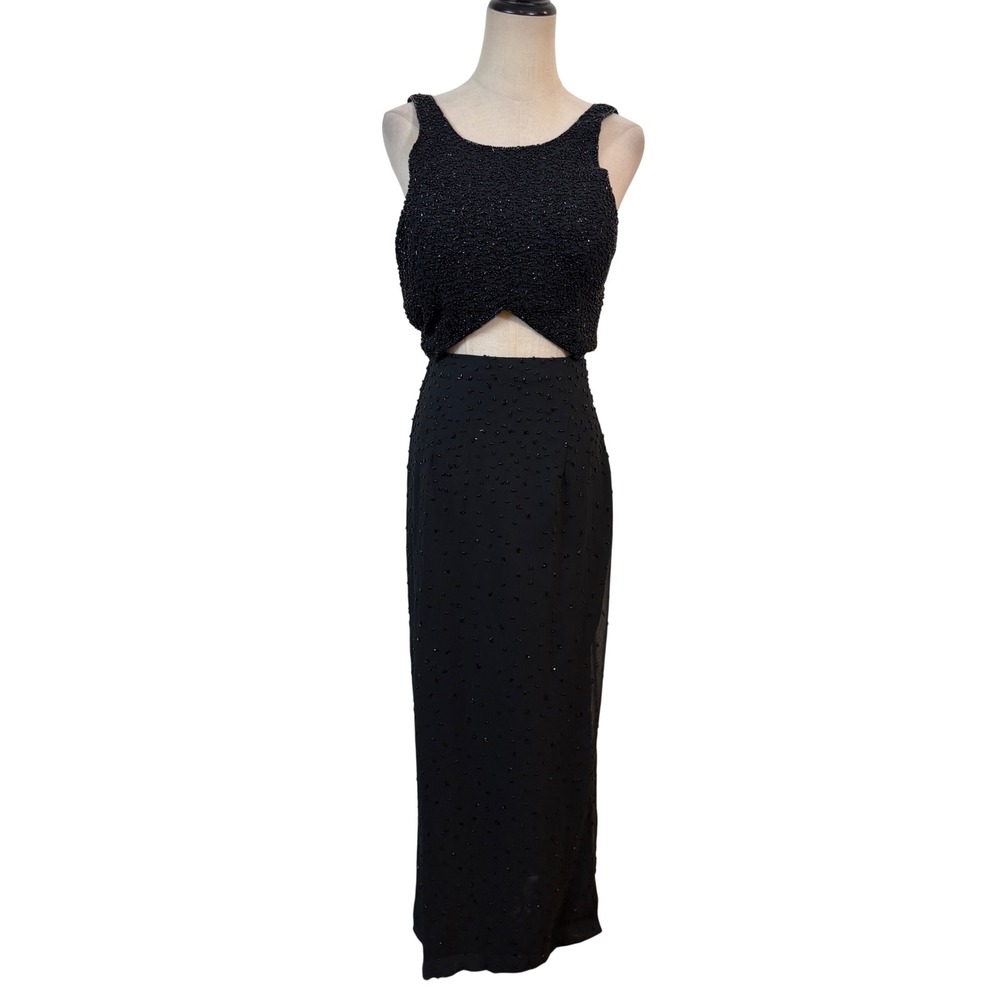 Vtg 90s Mark & John by Gopal Black Beaded Sequin Open Back Maxi‎ Dress XS formal